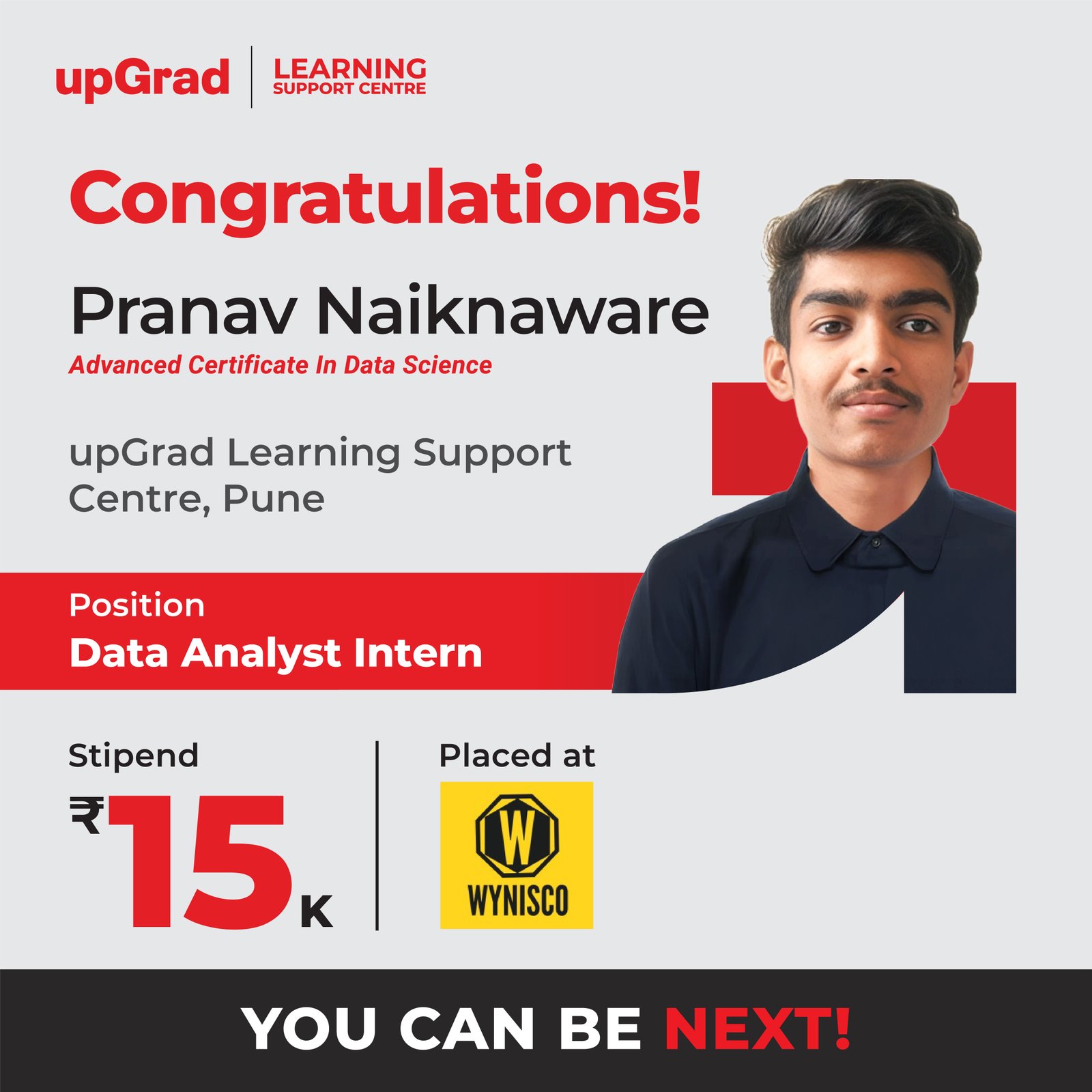 Pranav Naiknaware was placed at Wynisco as a Data Analyst Intern with a stipend of 15K.